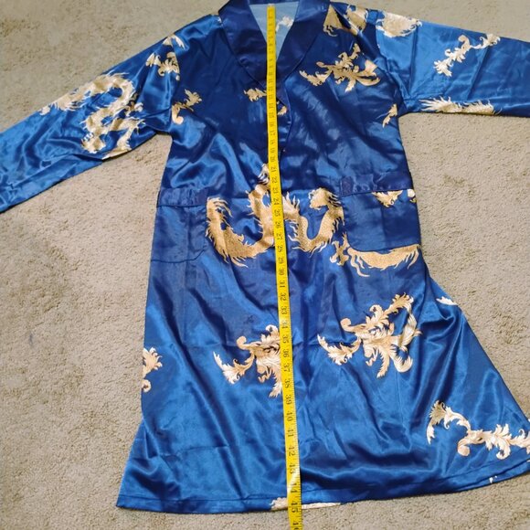 Men's Kimono Blue Robe Gold Dragon Print - Picture 9 of 10